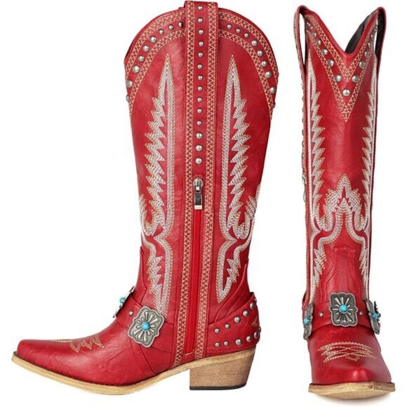 Women's Red Knee High Cowboy Rivet Western Cowgirl Boots with Buckle Boots - Picture 3 of 6